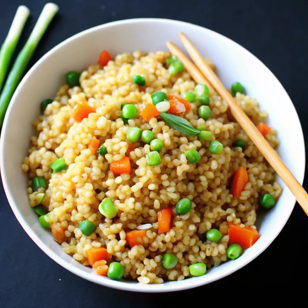 A bowl of Chinese fried rice featuring fluffy rice grains, green peas, diced carrots, and chopped green onions, served with wooden chopsticks. This Chinese fried rice recipe is a classic Asian dish, perfect for a quick and healthy meal.