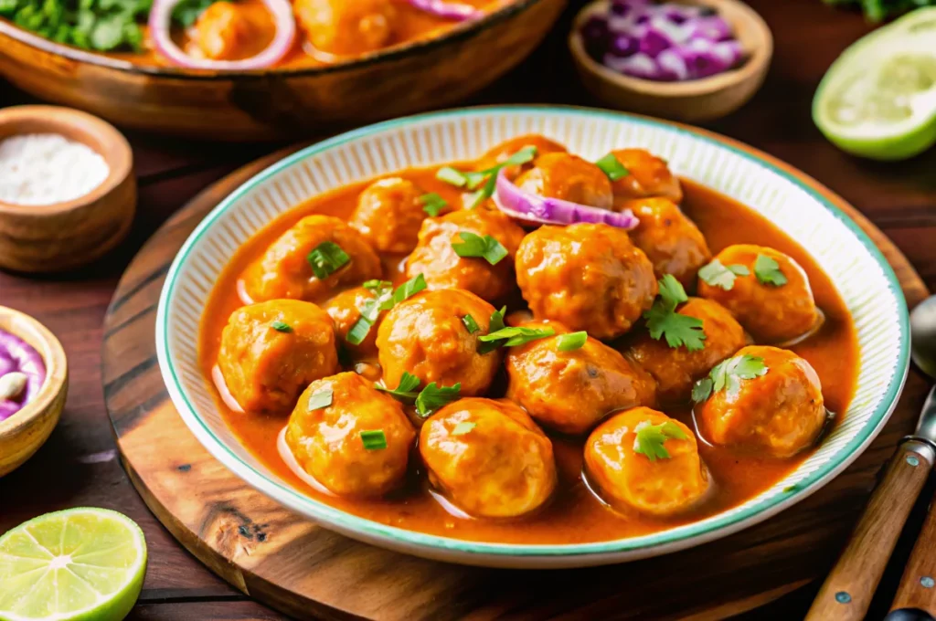A bowl of spicy chicken meatballs coated in a rich, creamy tomato curry sauce, garnished with fresh cilantro and a slice of red onion.