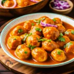 A bowl of spicy chicken meatballs coated in a rich, creamy tomato curry sauce, garnished with fresh cilantro and a slice of red onion.