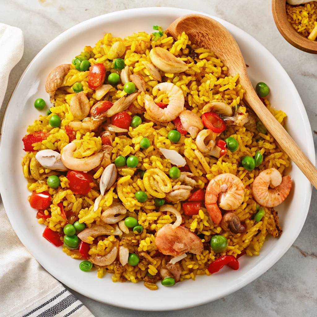 Yellow rice for seafood, vibrant seafood rice recipe with turmeric and spices.