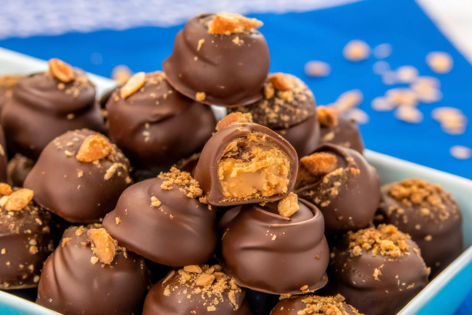 A close-up shot of homemade Butterfinger balls coated in chocolate, served on a parchment-lined tray.