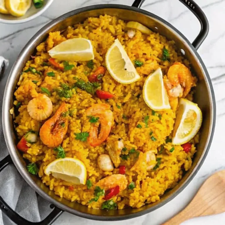 Delicious seafood rice recipe with shrimp, mussels, and squid in a vibrant dish.