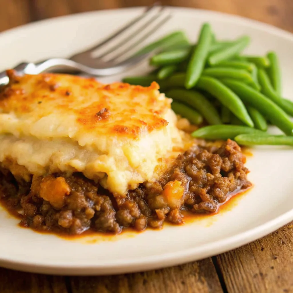 A freshly baked Shepherd’s Pie in a rustic casserole dish, topped with golden brown mashed potatoes, garnished with fresh herbs.