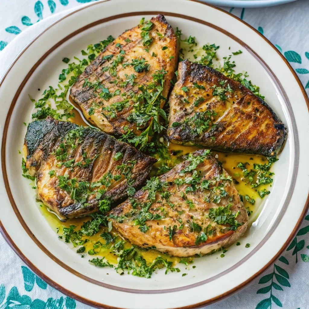Swordfish recipe grilled with garlic, lemon, and smoked paprika, served with fresh parsley.