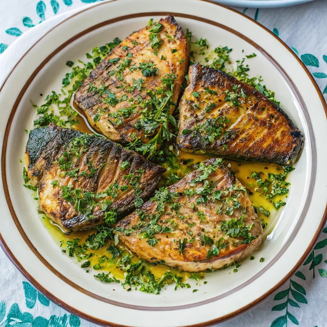 Swordfish recipe grilled with garlic, lemon, and smoked paprika, served with fresh parsley.