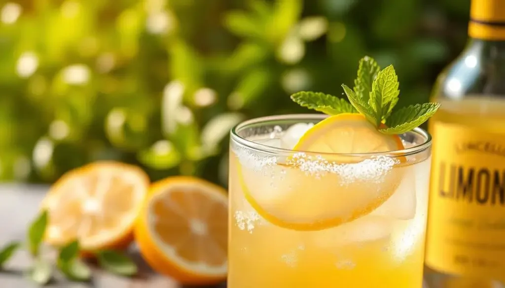 A refreshing Limoncello Spritz cocktail served in a wine glass, garnished with a lemon slice and fresh mint, with ice cubes and bubbles rising to the surface.