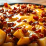 A freshly baked loaded potato casserole topped with melted cheddar cheese, crispy bacon, and chopped green onions, served in a white baking dish.