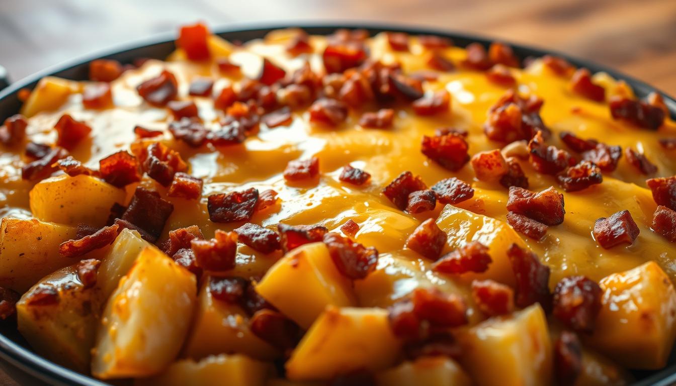 A freshly baked loaded potato casserole topped with melted cheddar cheese, crispy bacon, and chopped green onions, served in a white baking dish.