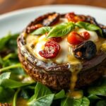 A close-up of golden-baked portobello mushrooms stuffed with fresh mozzarella, cherry tomatoes, and basil, drizzled with balsamic glaze on a rustic plate.