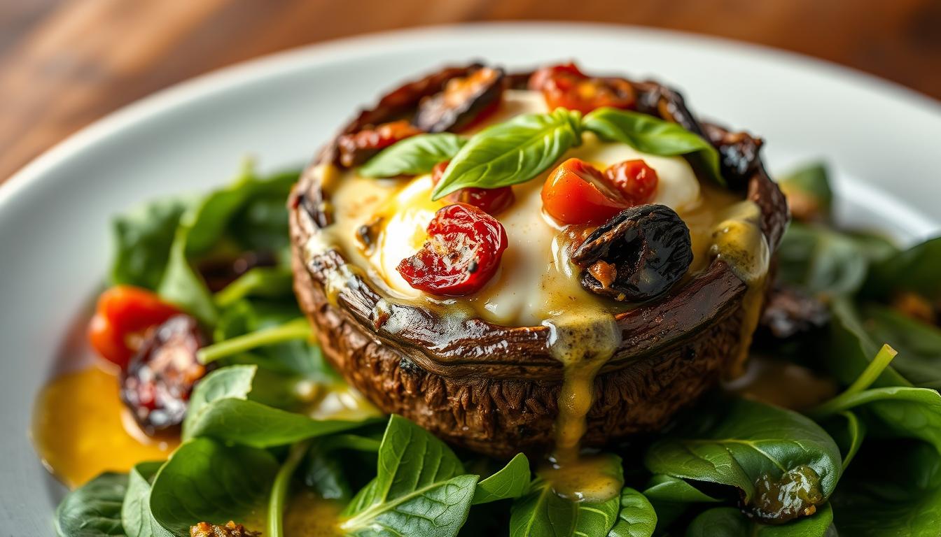 A close-up of golden-baked portobello mushrooms stuffed with fresh mozzarella, cherry tomatoes, and basil, drizzled with balsamic glaze on a rustic plate.