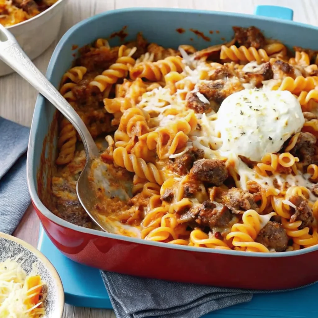 Golden-baked beef mince stroganoff pasta bake topped with melted cheese and garnished with fresh parsley.