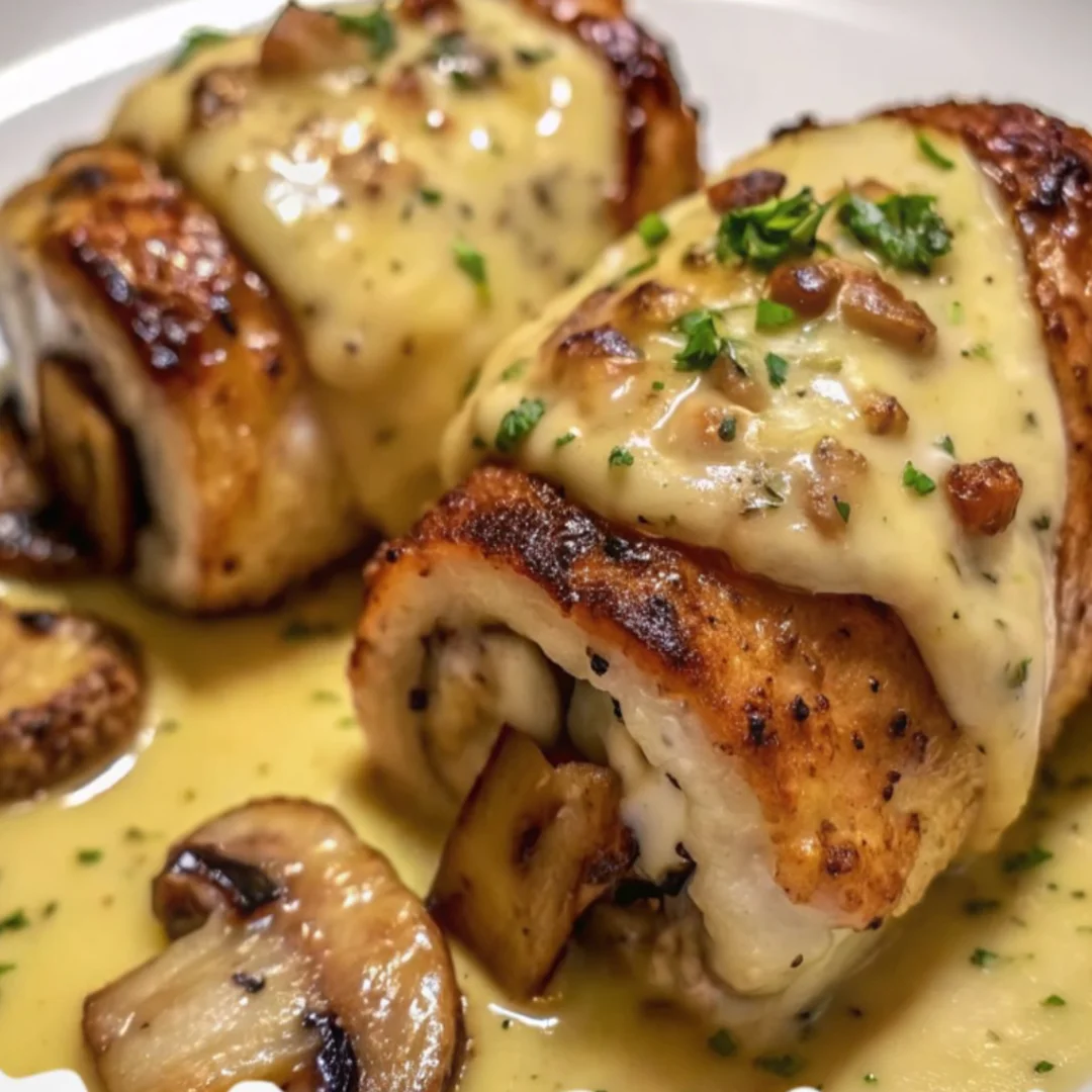 Cheesy Garlic Butter Mushroom Stuffed Chicken with melted mozzarella and creamy garlic butter filling.