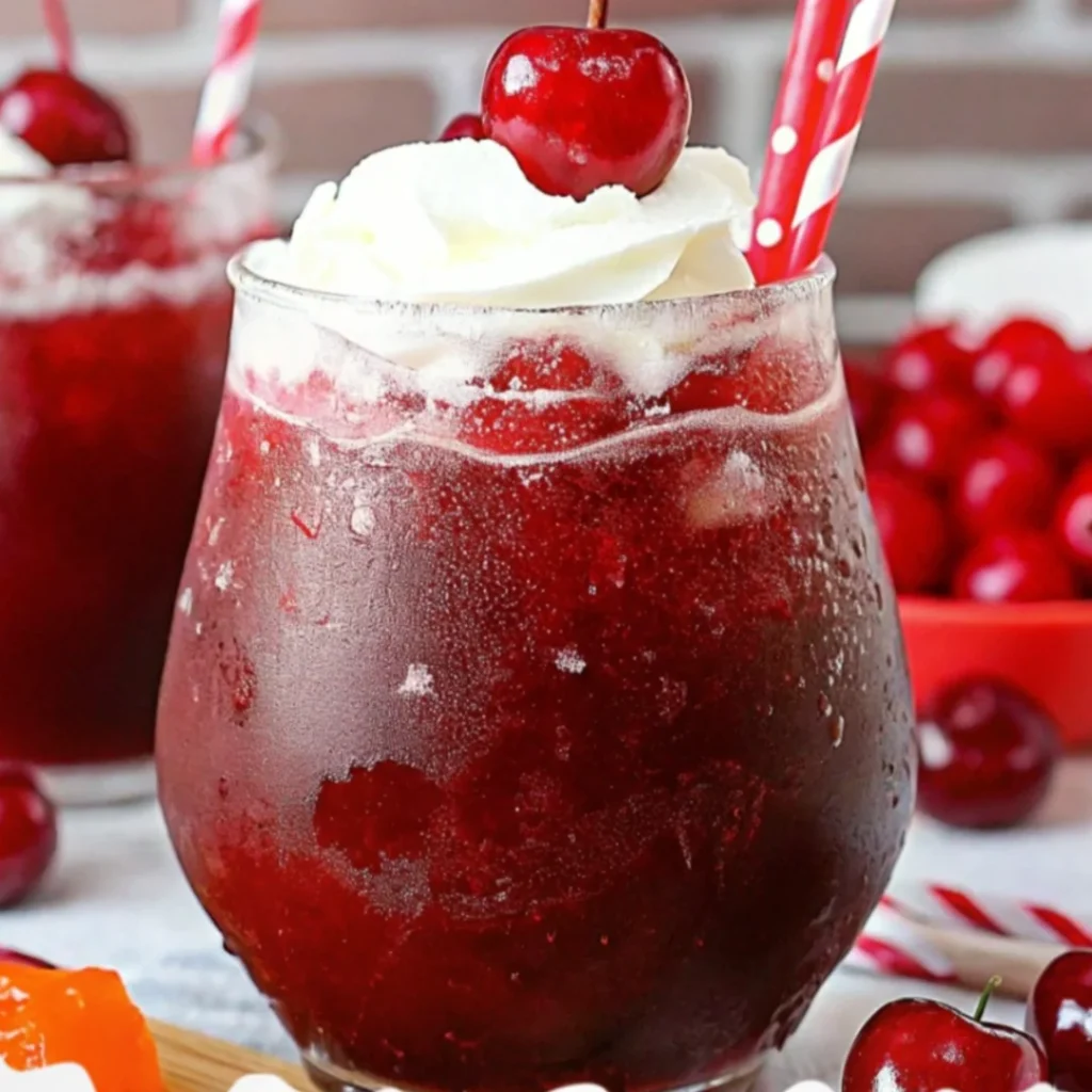 Cherry Rum and Coke Slushie in a glass with a maraschino cherry garnish.