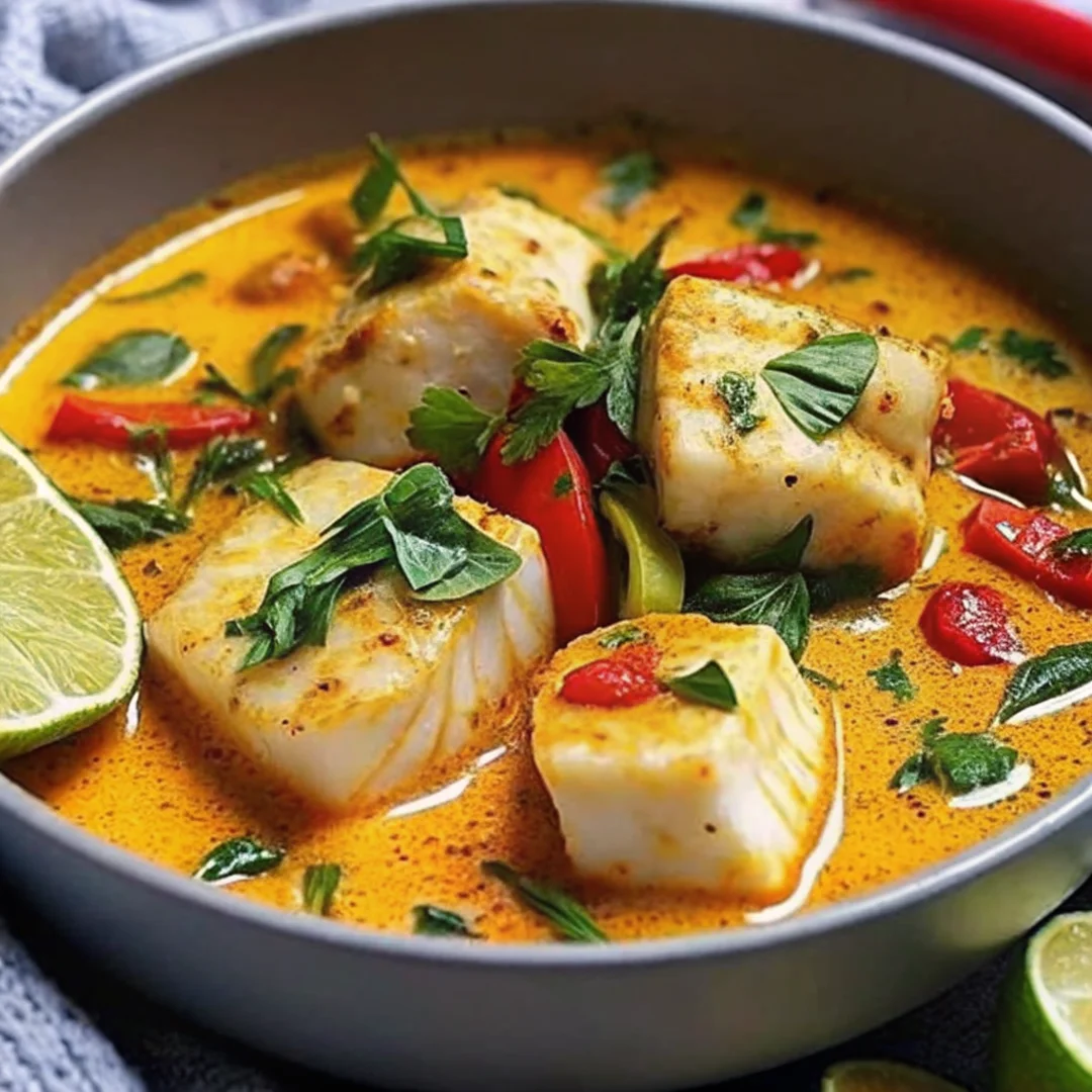 Coconut Fish Curry with Lime and Lemongrass served in a bowl, garnished with fresh cilantro and Thai basil, showcasing the rich and creamy texture of the curry.