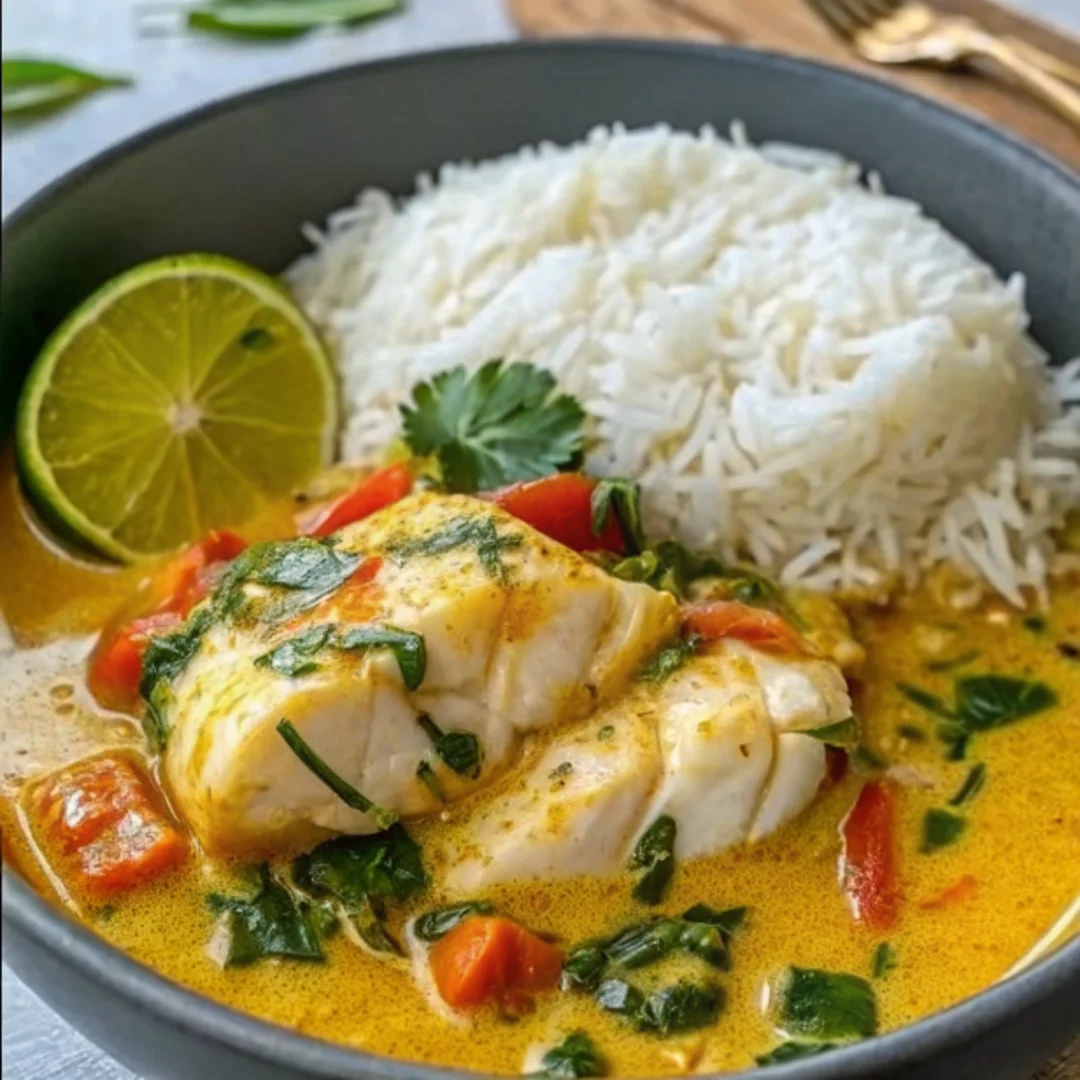 A vibrant bowl of Coconut Lime Fish Curry served with fragrant Jasmine Rice, garnished with fresh cilantro.