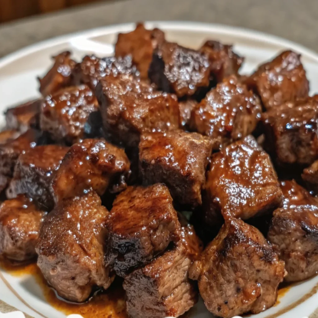 Crockpot Steak Bites served in a bowl with savory sauce, garnished with herbs.