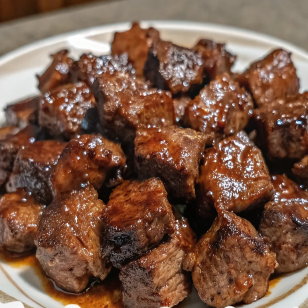 Crockpot Steak Bites served in a bowl with savory sauce, garnished with herbs.