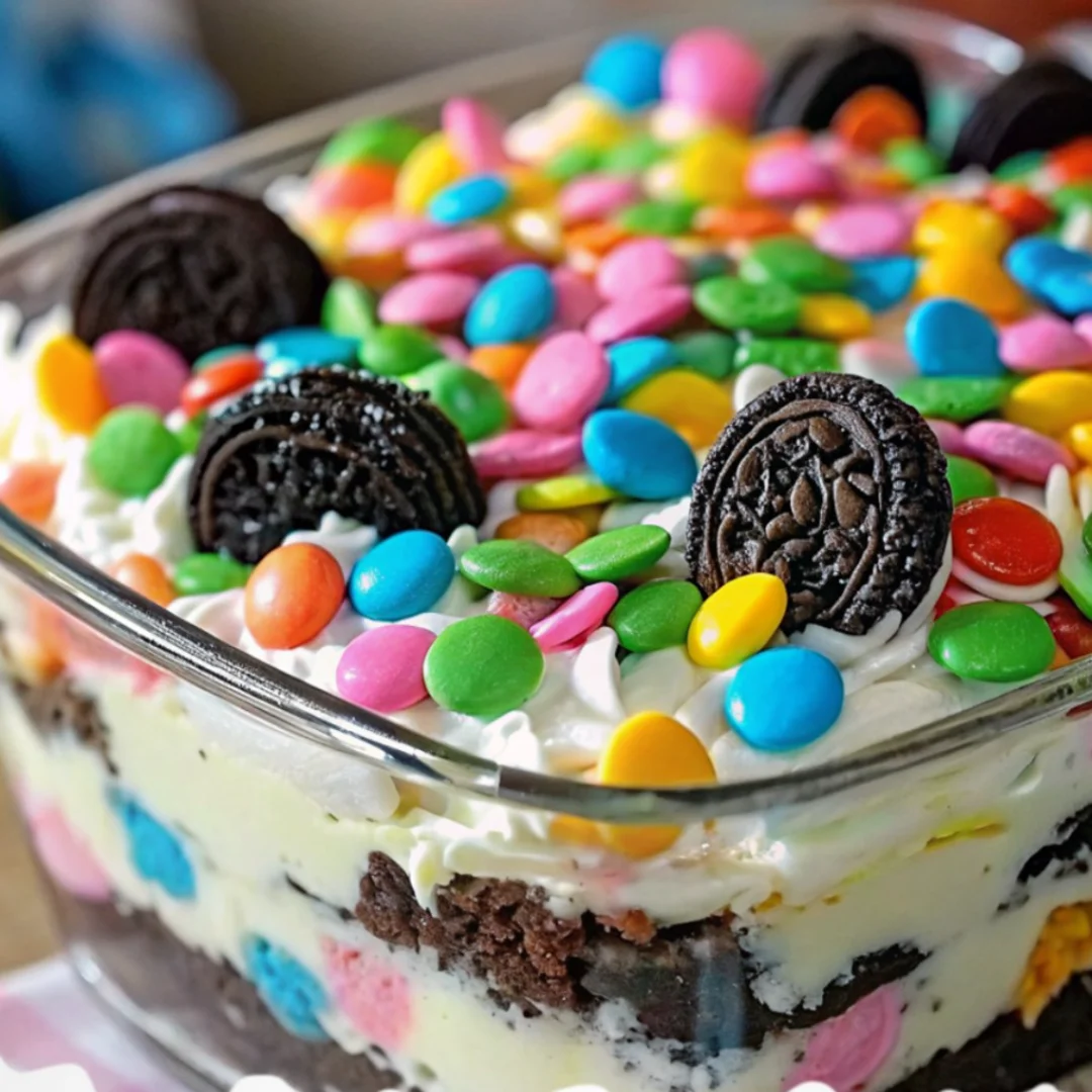 Easter Dirt Cake Casserole with Oreo crust, creamy filling, and festive decorations like gummy worms and mini eggs