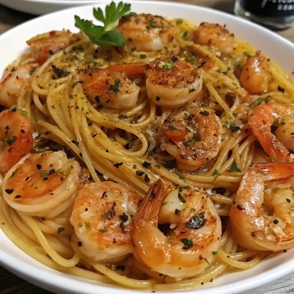 Garlic Shrimp Pasta with creamy sauce, shrimp, and linguine, garnished with fresh parsley and Parmesan cheese.