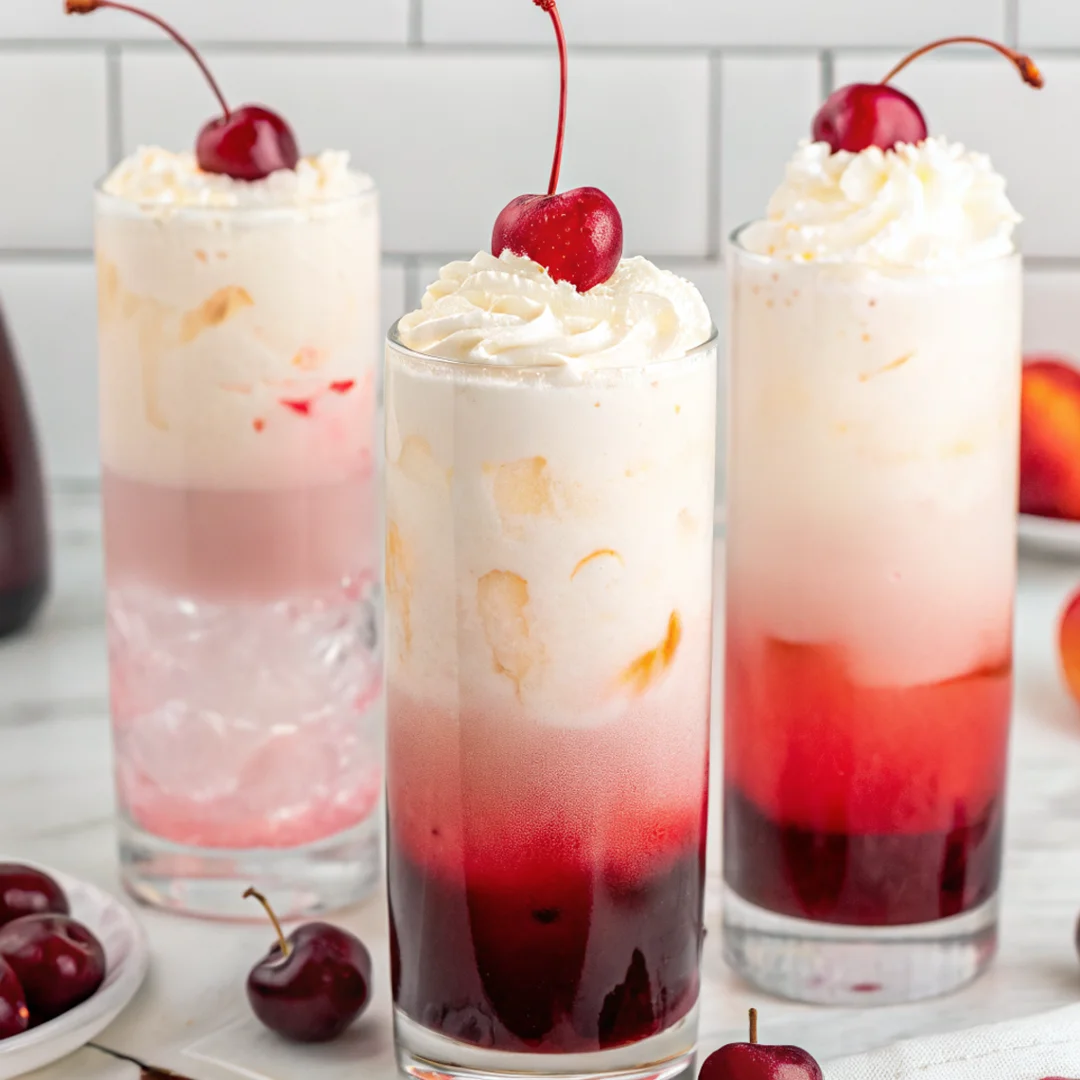 A refreshing glass of Italian Cream Soda topped with cream, syrup, and a maraschino cherry, showcasing a classic soda drink recipe.
