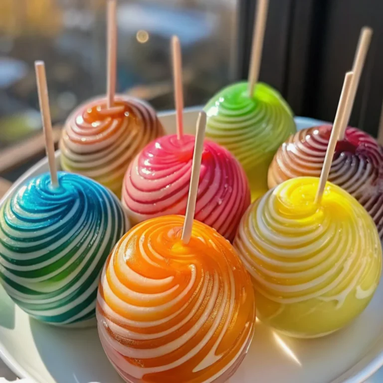 Kool-Aid Swirl Candy Apples coated in vibrant colored sugar syrup, resting on a parchment-lined surface.