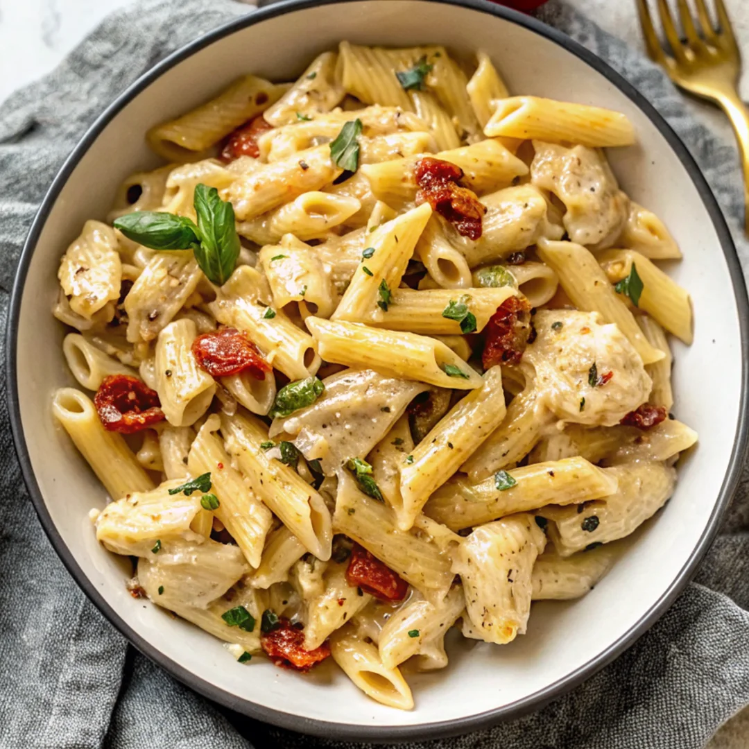 Plate of Marry Me Chicken Pasta featuring creamy sun-dried tomato sauce, sliced chicken breast, and fresh basil garnish.