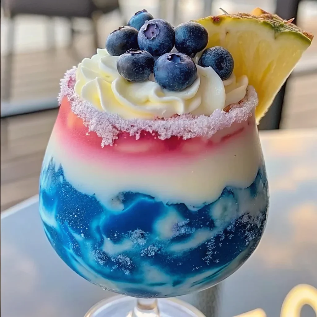 Ocean Love Colada cocktail with blue curacao, pineapple juice, and coconut cream garnished with fresh pineapple chunks