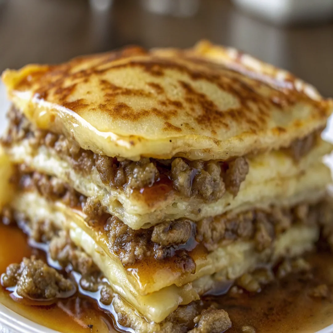 A golden-brown Pancake Sausage Casserole in a baking dish, topped with melted cheese and served with maple syrup and fresh berries.