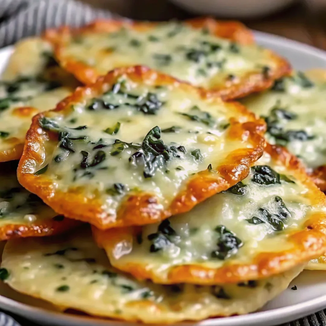 Delicious Spinach Dip Cheese Crisps served as a healthy snack option, perfect for keto and low-carb diets.