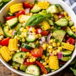Refreshing summer fresh corn salad with vegetables, cilantro, and lime dressing, perfect for summer salads.