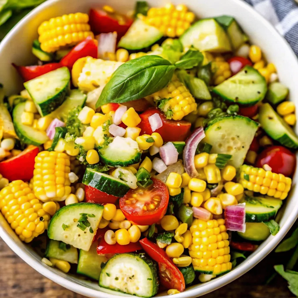 Refreshing summer fresh corn salad with vegetables, cilantro, and lime dressing, perfect for summer salads.