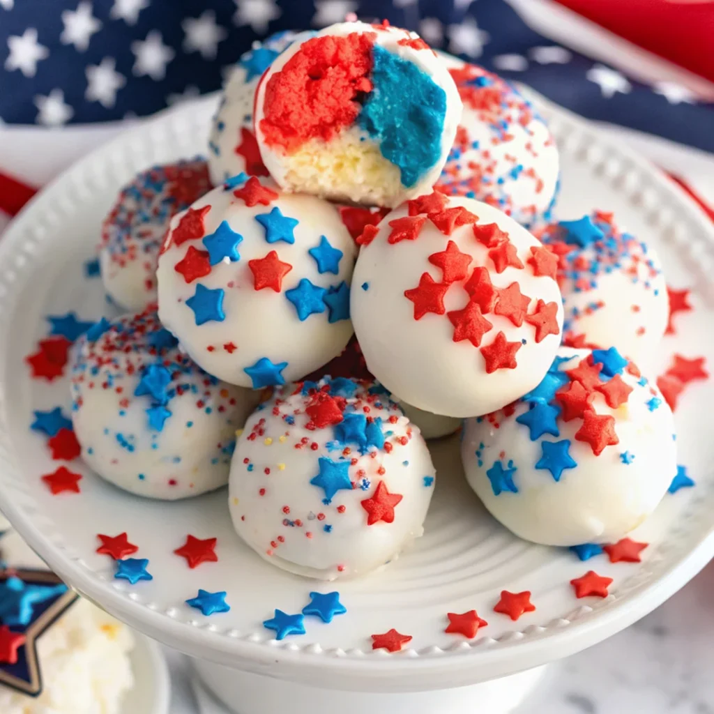 Red, white, and blue memorial day desserts featuring festive cake pops decorated with patriotic sprinkles and star-shaped decorations.