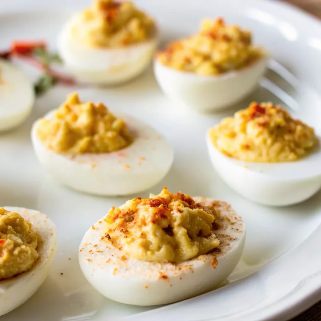 A close-up shot of deviled eggs arranged on a white plate, showcasing creamy yellow filling swirled into smooth egg whites, garnished with paprika and chopped chives.