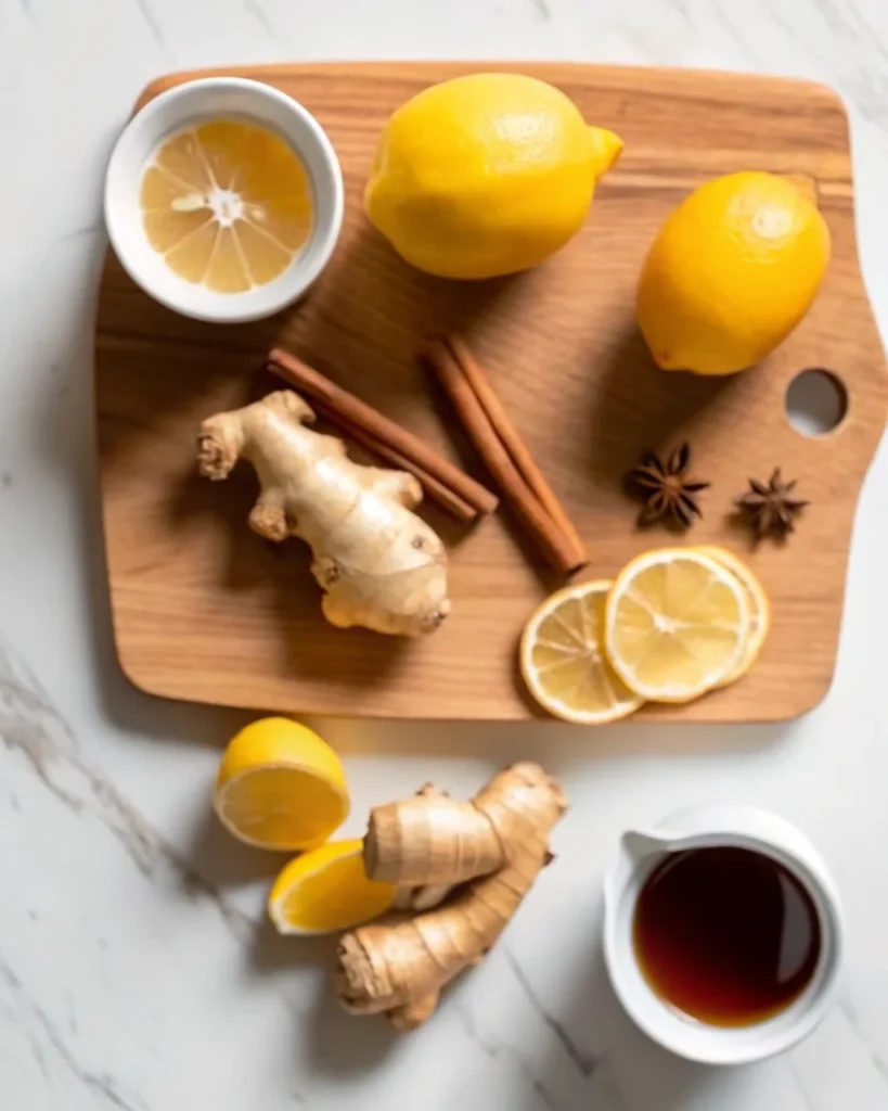 Glass of Brazilian Mounjaro wellness drink with lemon slices, cinnamon stick, ginger root, and fresh mint on a wooden tray.