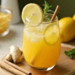 Glass of Brazilian Mounjaro wellness drink with lemon slices, cinnamon stick, ginger root, and fresh mint on a wooden tray.