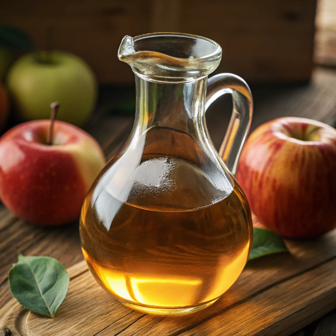 A glass pitcher filled with golden apple cider vinegar surrounded by fresh apples on a wooden surface.