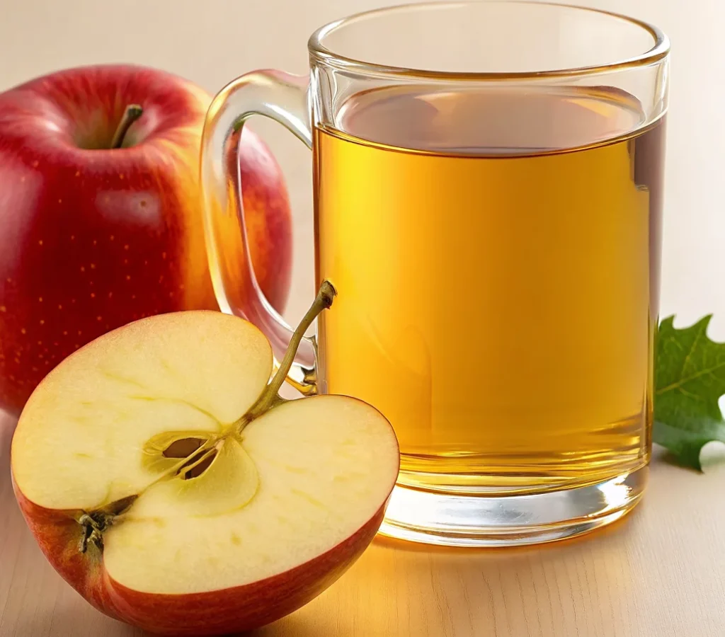 A glass pitcher filled with golden apple cider vinegar surrounded by fresh apples on a wooden surface.