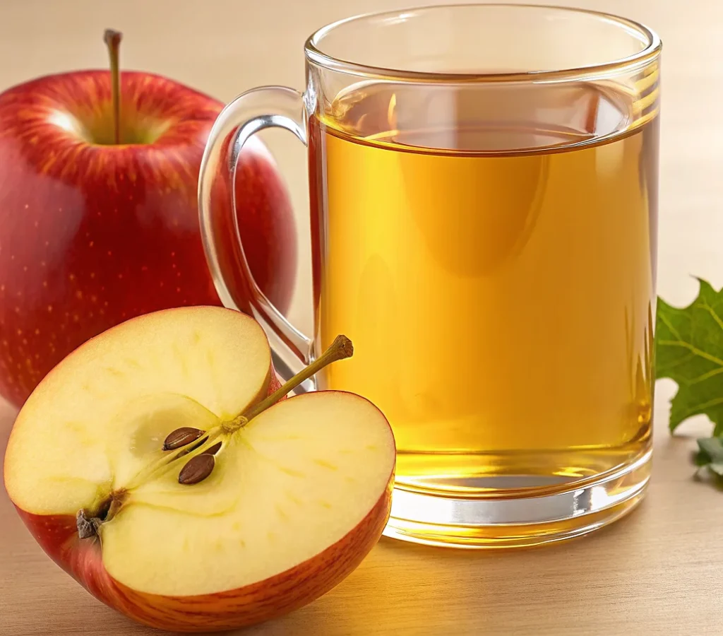 A glass pitcher filled with golden apple cider vinegar surrounded by fresh apples on a wooden surface.Freshly made apple cider vinegar in a clear glass pitcher, placed alongside ripe apples on a rustic wooden surface.