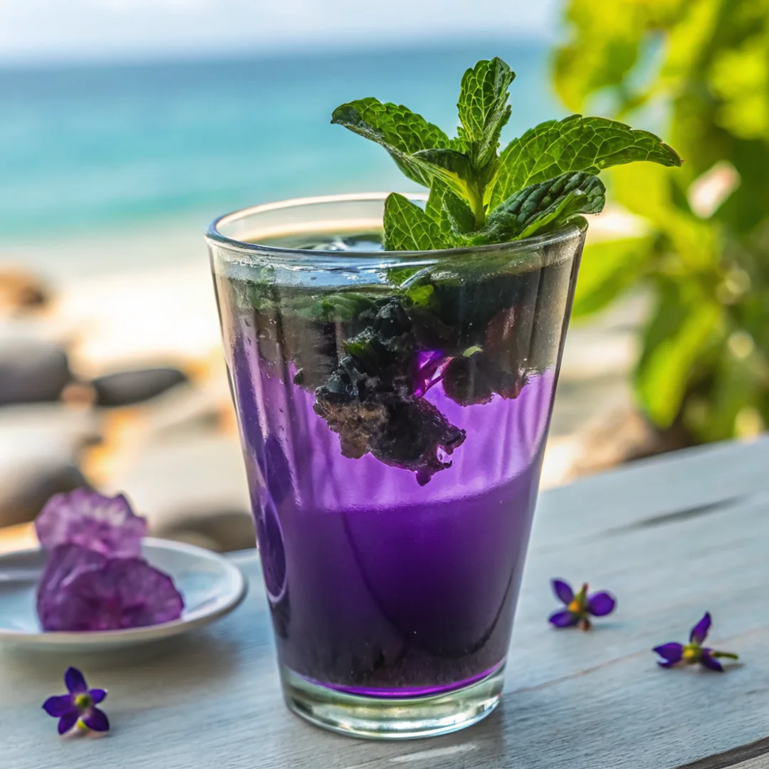 A vibrant butterfly pea flower drink with mint garnish, served in a clear glass on a beachside table.