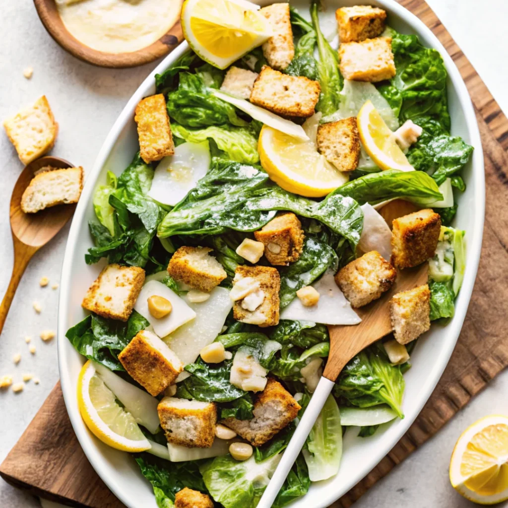 Easy Caesar salad with sourdough croutons, fresh romaine lettuce, creamy dressing, and Parmesan cheese
