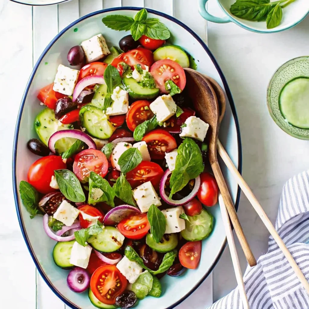 Fresh Greek salad recipe with tomatoes, cucumber, red onion, Kalamata olives, and authentic feta cheese in a Mediterranean-style bowl