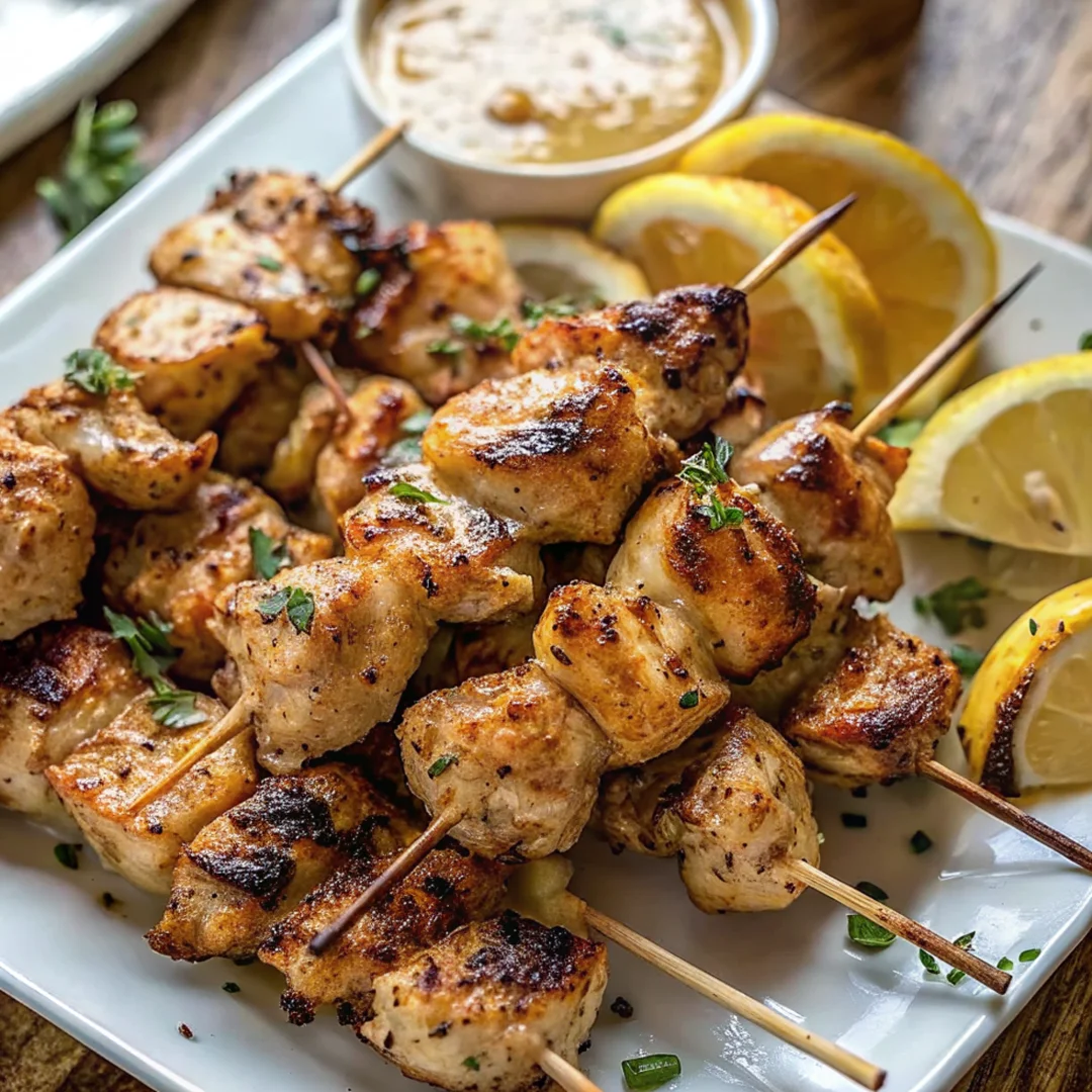 Grilled Cowboy Butter Chicken Skewers served with lemon slices and creamy dipping sauce on a white plate.