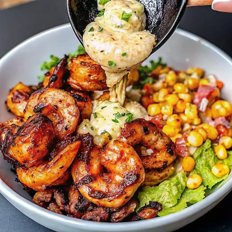 Grilled shrimp bowl with fresh avocado, corn salsa and creamy garlic sauce on brown rice
