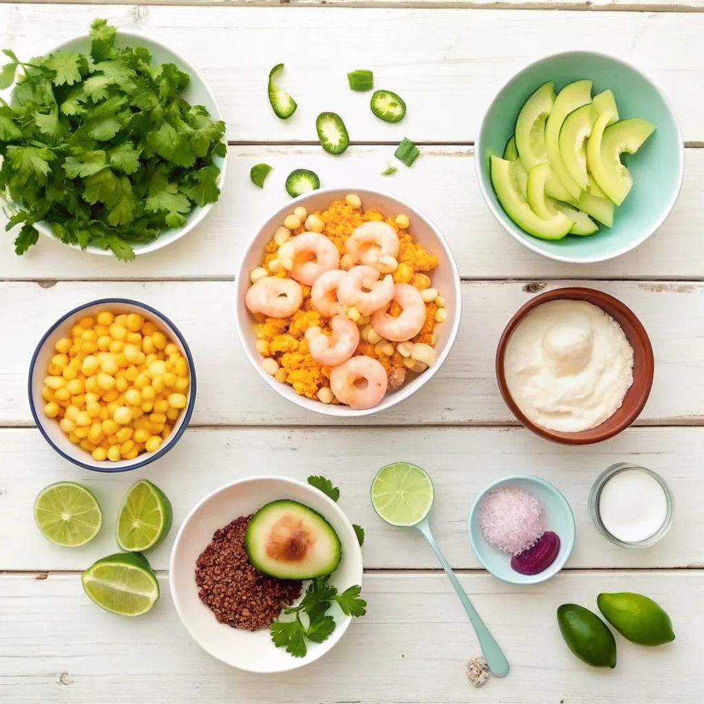 Grilled shrimp bowl with fresh avocado, corn salsa and creamy garlic sauce on brown rice