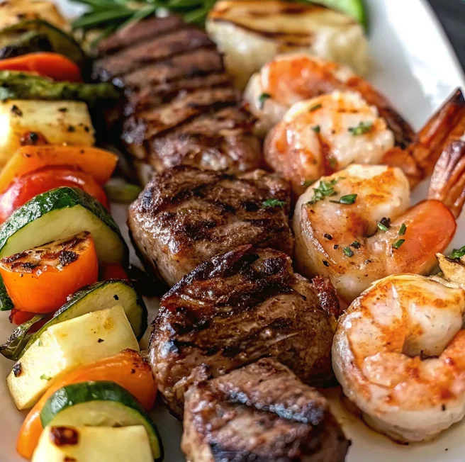 Grilled steak and shrimp kabobs with colorful vegetables on skewers