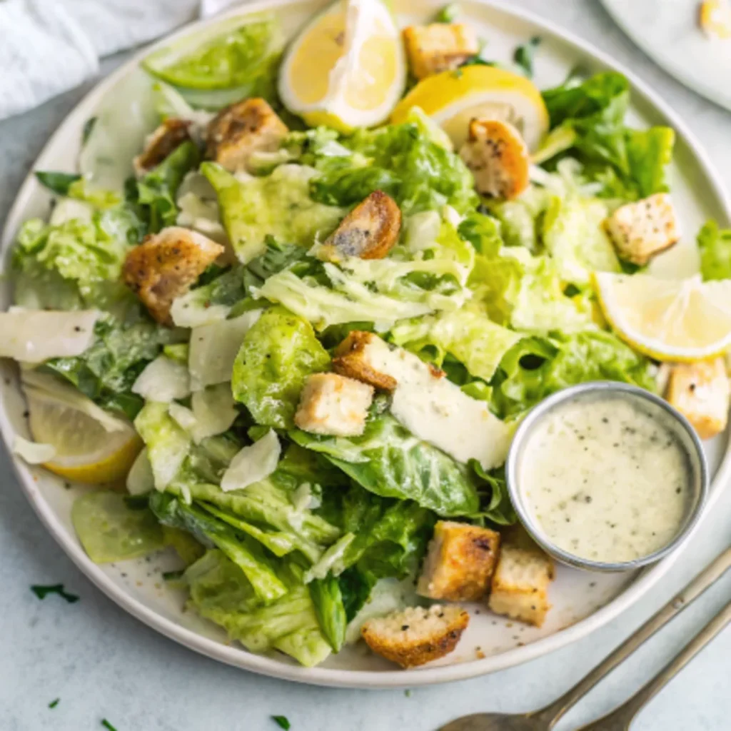Caesar salad with homemade dressing, croutons, and Parmesan cheese, served with lemon wedges.
