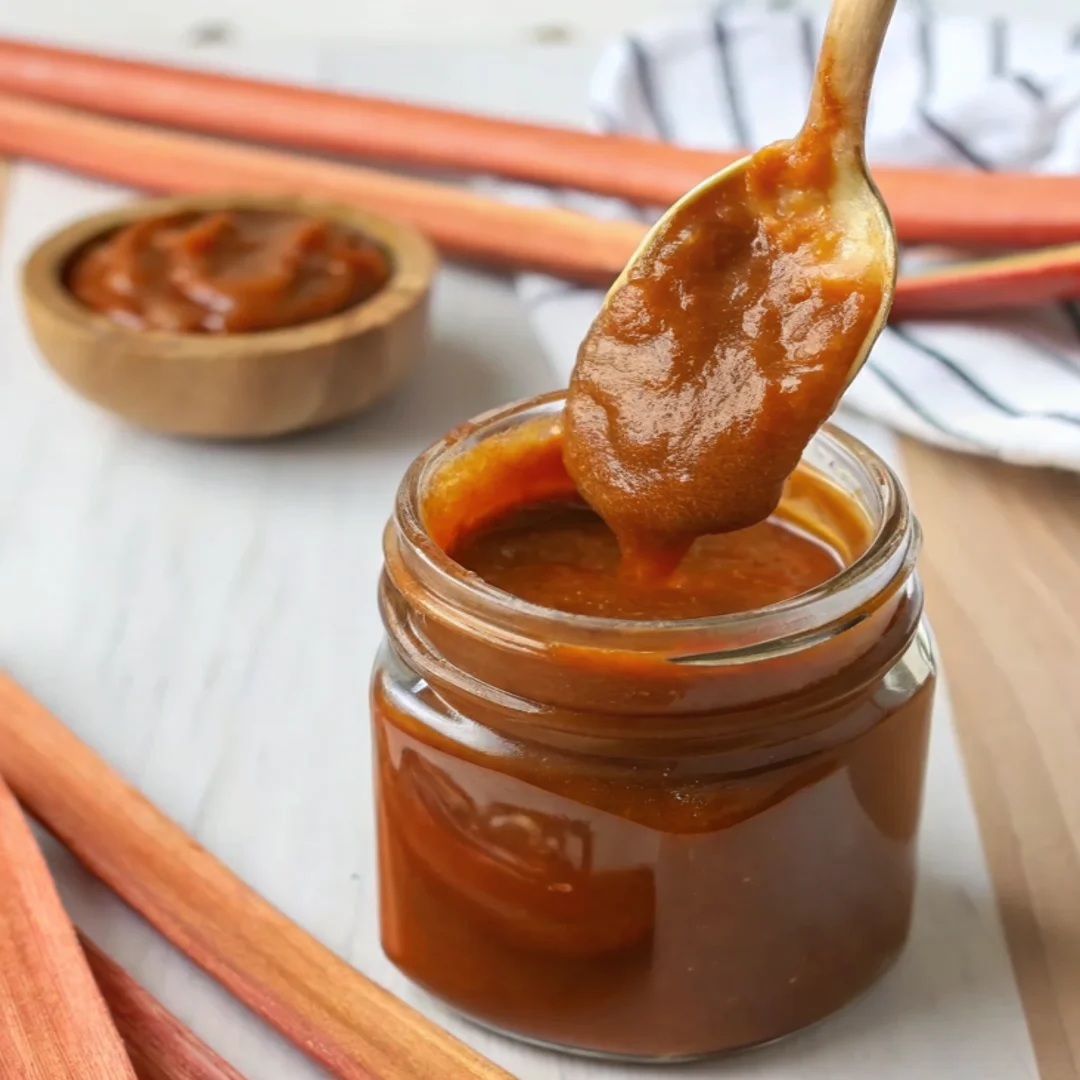 Homemade rhubarb barbecue sauce served in a jar with grilled meats, showcasing a unique rhubarb sauce with smoky and tangy flavors.