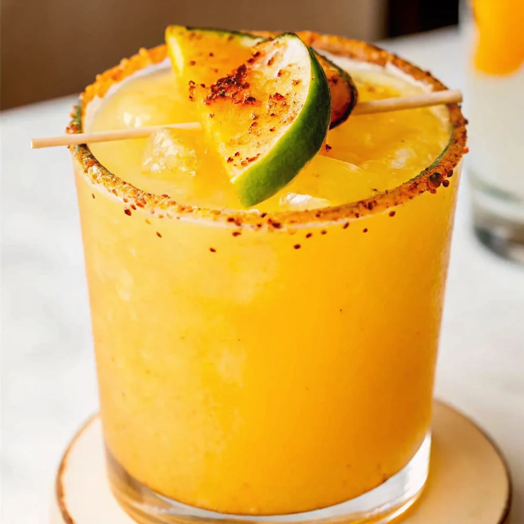 Hot Honey Spicy Mango Margarita with a lime garnish and chili salt rim – perfect summer cocktail.