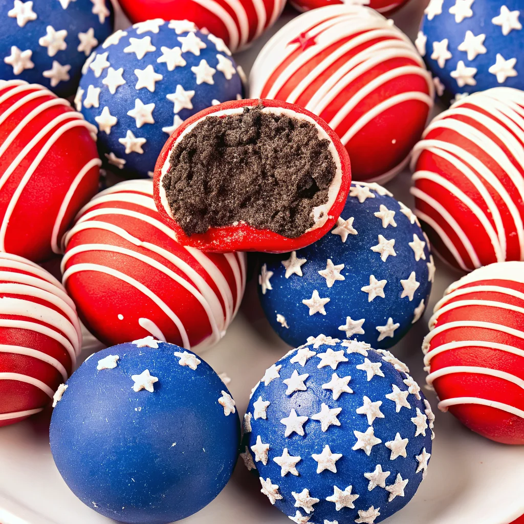 Red, white, and blue Oreo balls decorated with patriotic sprinkles and star-shaped toppings on a white plate, with one ball cut open revealing dark chocolate Oreo filling.