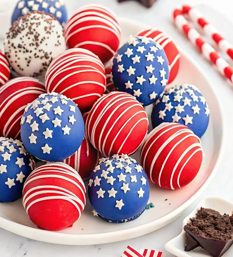 Red, white, and blue Oreo balls decorated with patriotic sprinkles and star-shaped toppings on a white plate, with one ball cut open revealing dark chocolate Oreo filling.